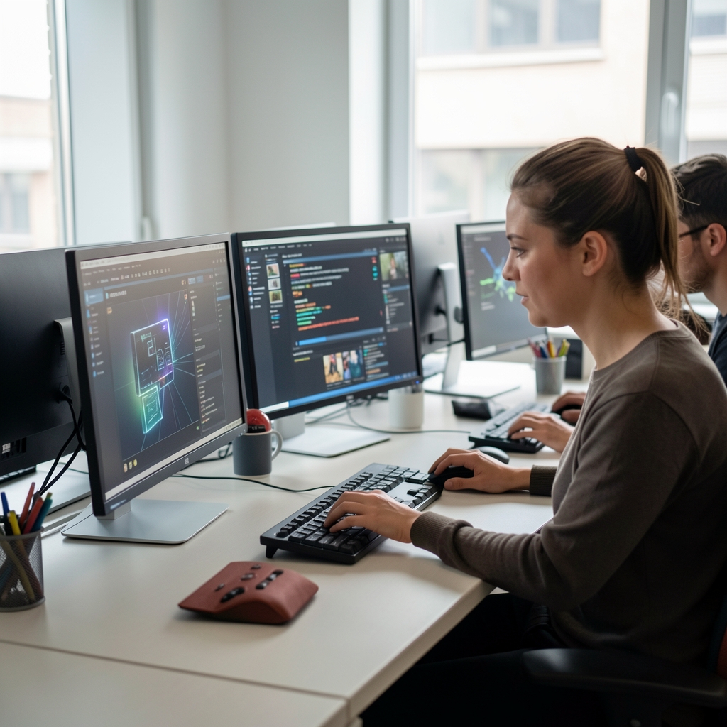 Novinar koristi AI alate na računalu u modernoj digitalnoj redakciji s monitorima