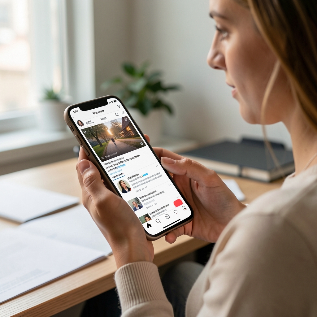 Osoba drži smartphone s prikazom društvenih mreža i novinskog feeda na ekranu, moderna ureda pozadina