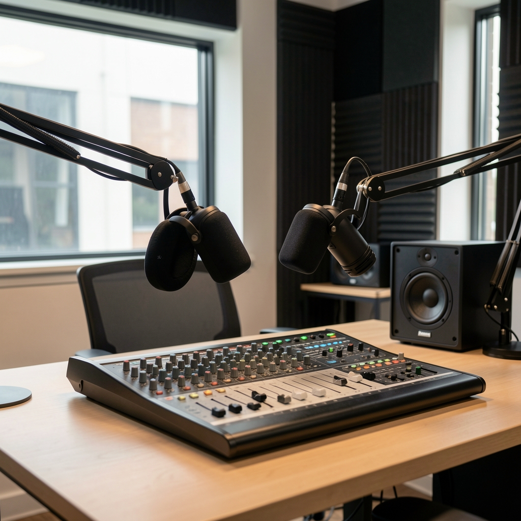 Profesionalni audio studio za snimanje podcasta s mikrofonima, slušalicama i zvučno izoliranim zidovima
