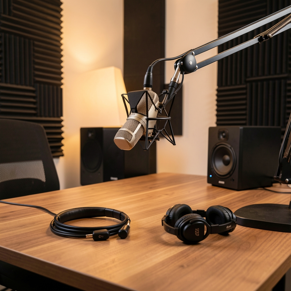 Profesionalni podcast studio s mikrofonom, slušalicama i zvučnom izolacijom, toplo osvjetljenje moderne radio produkcije