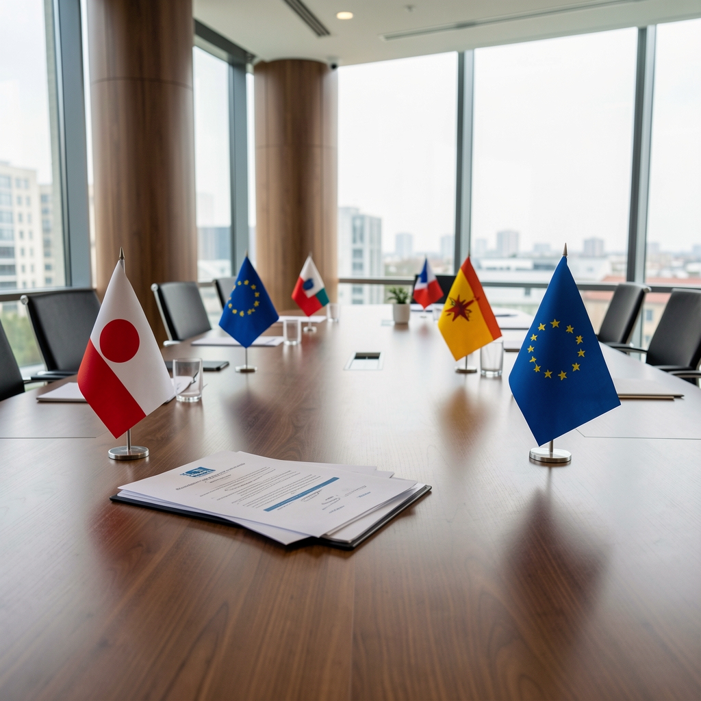 Stol u konferencijskoj sali EU institucija s zastavama i dokumentima koji se odnose na fondove za medije