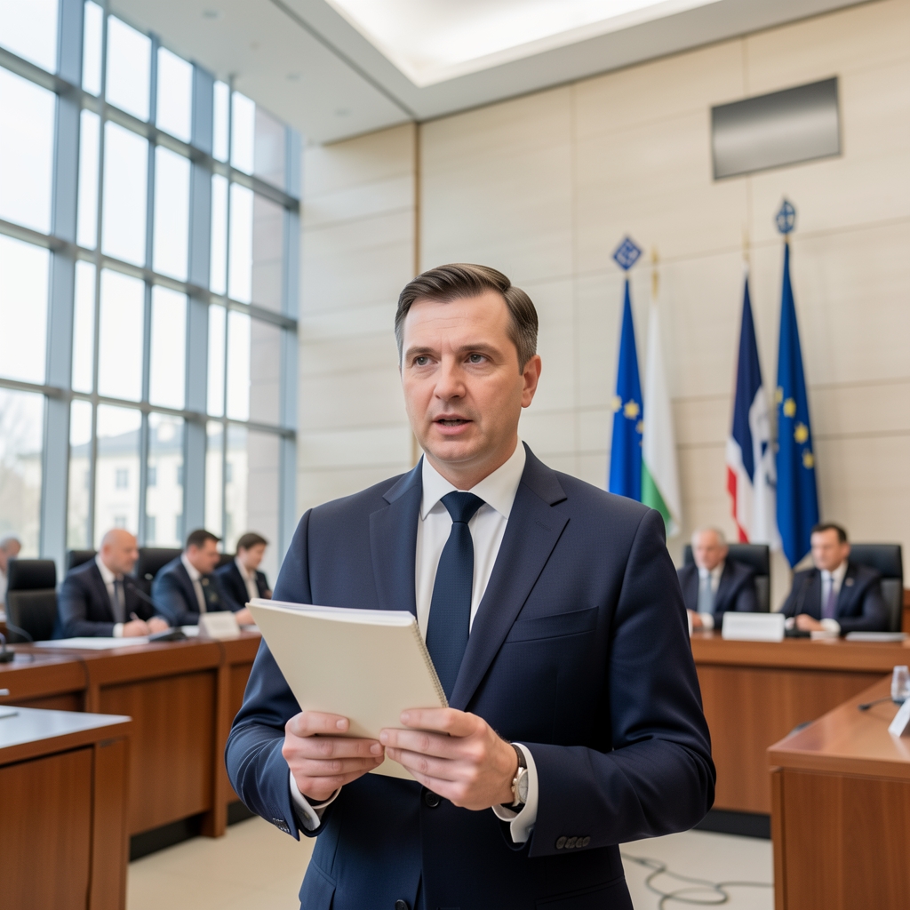 Novinar ispred sudske zgrade drži bilježnicu i govori pred kamerom na svečanom zasjedanju